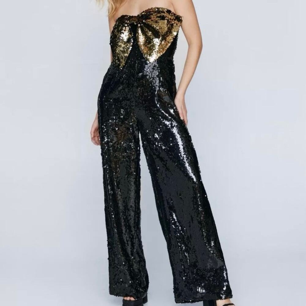 Nasty Gal Plus All Over Sequin Bow Contrast Bandeau Jumpsuit US 14
